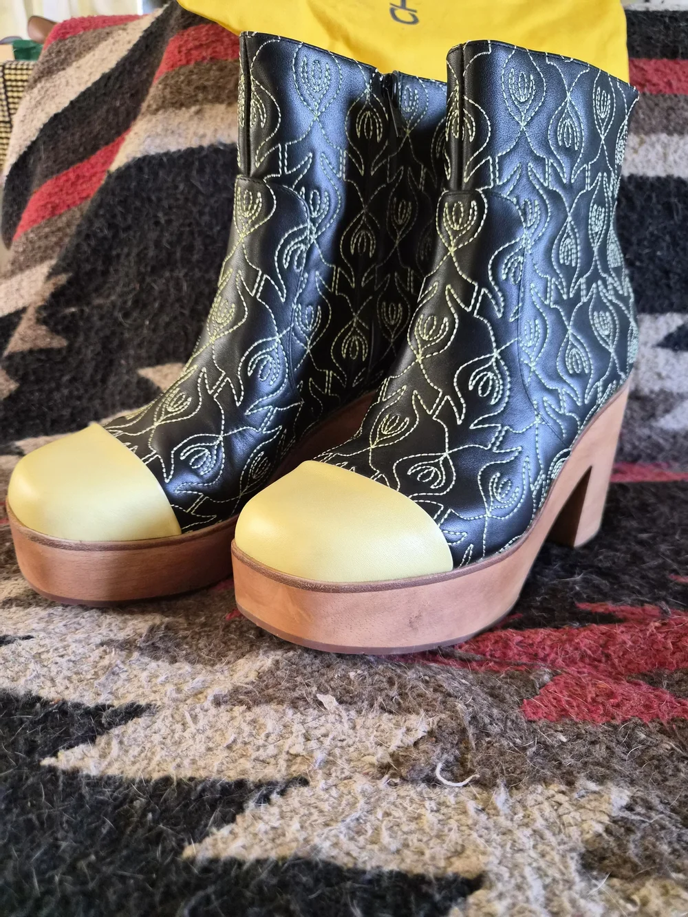 Charlotte Stone Black Embroidered Platform Ankle Boots with Cream Cap Toe